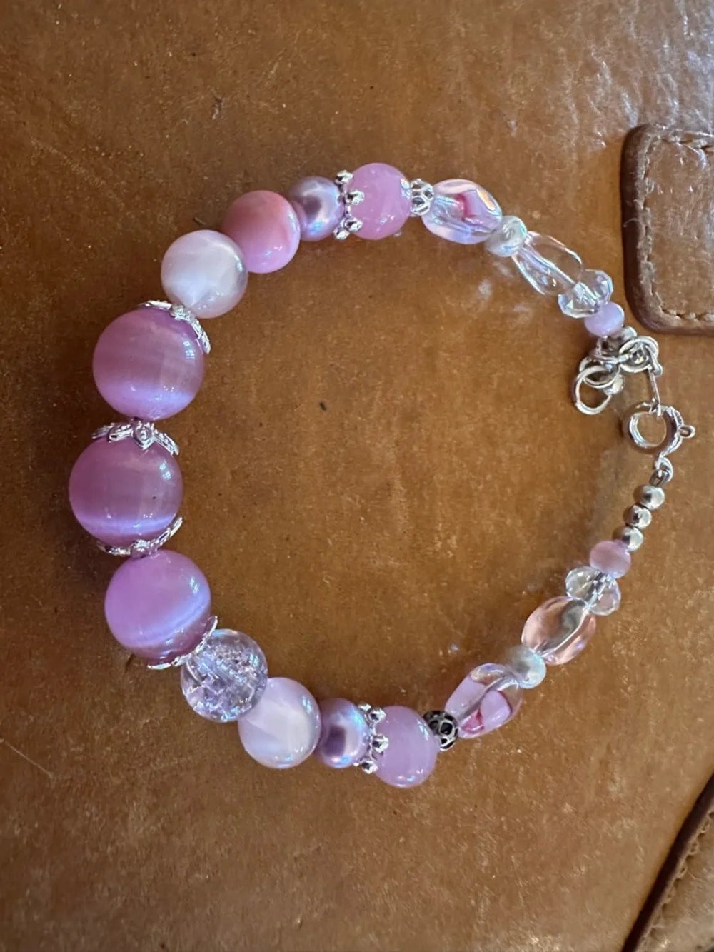 Pink Cat-Eye Beaded Bracelet with Silver Accents - Picture 7 of 8